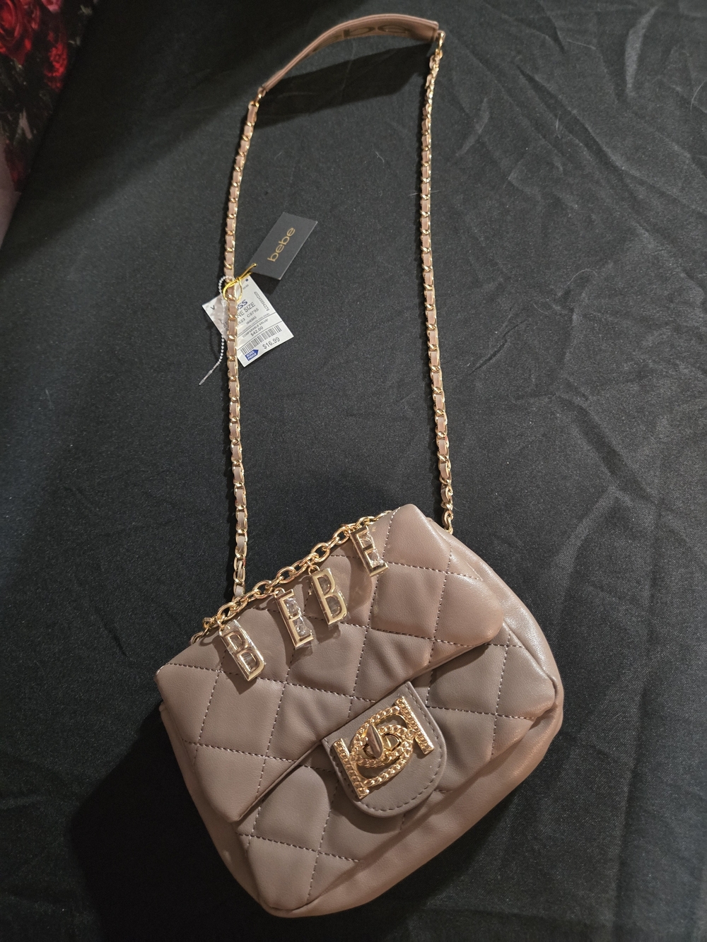 bebe Quilted Crossbody Bag in Taupe with Gold Hardware